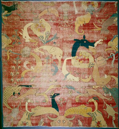 लाल मैदान पर शानदार जानवरों के साथ एक कालीन का भाग, मुगल, c.158085 (कपास और ऊन ढेर) द्वारा इंडियन स्कूल