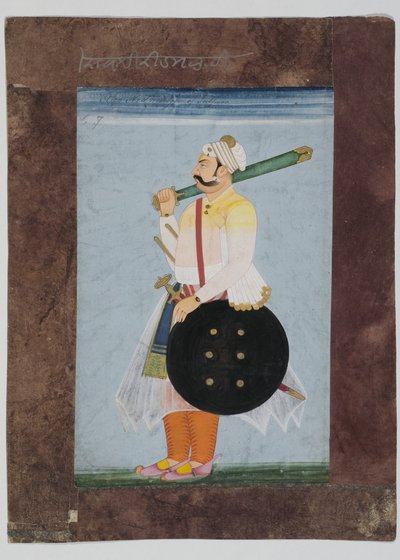 राठौड़ प्रमुख रिदमल का पोर्ट्रेट, 1820 (समग्र ब्राउन पेपर बॉर्डर के साथ भारतीय कागज पर घुड़सवार) द्वारा इंडियन स्कूल