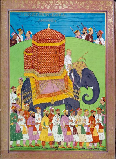 शाह एलेम के दरबार में एक हाथी पर राजकुमारी पालकी निकोलो मनुची (१६३८-१७१७) द्वारा "" भारत का इतिहास तामर्टेंटे से ओरंगरेब तक" में भारतीय और फारसी लघुचित्र। बीएन, पेरिस। द्वारा इंडियन स्कूल