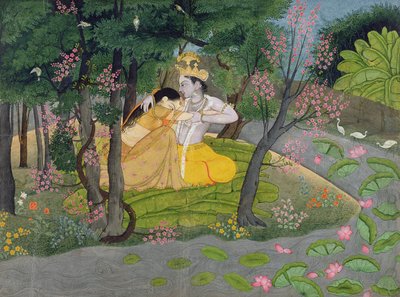 राधा और कृष्ण ने फूलों के पेड़ों के एक समूह में अवतार लिया, c.1780 (wc कागज पर) द्वारा Indian School