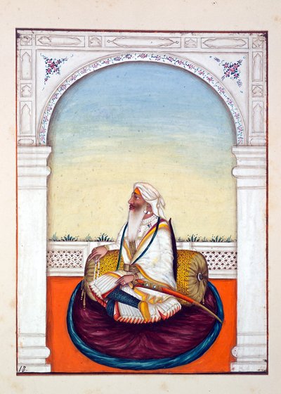 राजा इहज सिंह, द किंगडम ऑफ द पंजाब, इसके रूलर्स एंड चीफ्स, वॉल्यूम I, एक अज्ञात भारतीय कलाकार द्वारा 27 वॉटरकलर अध्ययन की मात्रा, c.1840 (कागज पर wc) द्वारा इंडियन स्कूल