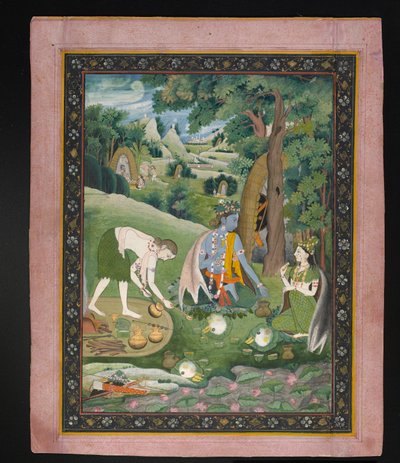 राम, लक्ष्मण, और सीता खाना पकाने और खाने में जंगल, c.1820 (कागज पर सोने के साथ गौचे) द्वारा इंडियन स्कूल