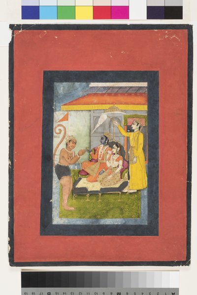 हनुमान द्वारा अभिमानी राम और सीता; लक्ष्मण एक मोर्चा, c.1780 (कागज पर अपारदर्शी wc और सोना) रखते हैं द्वारा इंडियन स्कूल