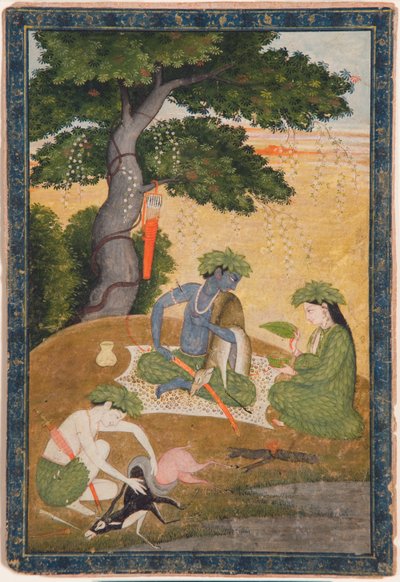राम, सीता और राम, रामायण से लक्ष्मण के साथ, c.1790 (कागज पर अपारदर्शी wc और सोना) द्वारा इंडियन स्कूल