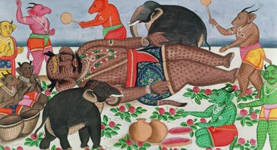 रामायण दृश्य: राक्षसों का एक समूह हाइबरनेशन में अपने राजकुमार को जागृत करता है (कागज पर गौचे और wc) द्वारा इंडियन स्कूल
