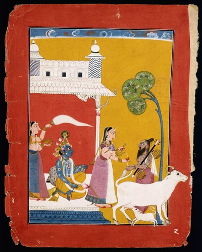 रुक्मिणी ऋषि नारद को जल अर्पित करती हैं जबकि उनकी पत्नी कृष्णा उनके घर में बैठती हैं, c.1725-1730 द्वारा इंडियन स्कूल