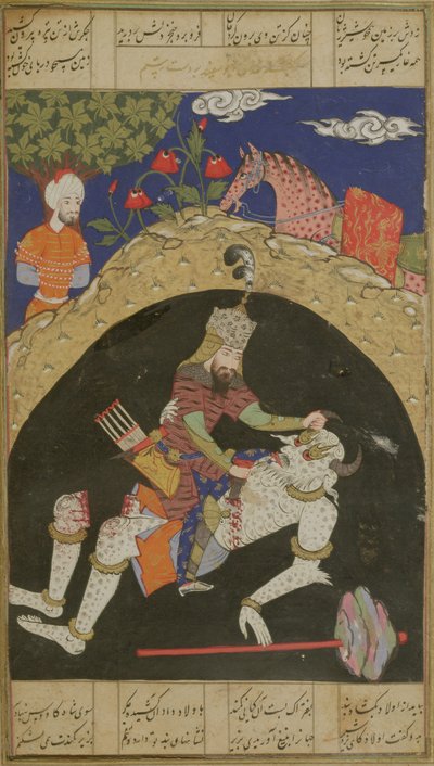 रुस्तम ने दज़ान क्षेत्र के शाहुलना (बुक ऑफ़ किंग्स), अबुल-कासिम मनूर फ़िरदावी (c.934-c.1020), १५ ९ ० से दृष्टांत, माज़ंदरन की श्वेत विभा को चित्रित किया द्वारा इंडियन स्कूल