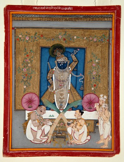 श्रीनाथ जी के रूप में कृष्ण का आराधन, 1800-25 (कागज पर अपारदर्शी wc और सोना) द्वारा इंडियन स्कूल