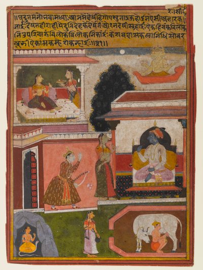 नायिका की इच्छाएँ स्पष्ट हैं, एक रसिकप्रिया श्रृंखला से पृष्ठ, c.1660-1690 (कागज पर अपारदर्शी wc और सोना) द्वारा इंडियन स्कूल
