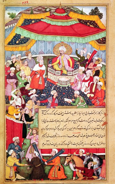 राजा अपने सिंहासन पर बाबरनामा (बाबर के संस्मरण) 1530 से घिरा हुआ था द्वारा इंडियन स्कूल