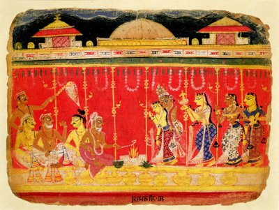 कृष्णा माता-पिता का विवाह, मेवाड़, राजस्थान से भागवत पुराण की एक प्रचलित पांडुलिपि से, c.1520-50 (कागज पर अपारदर्शी wc) द्वारा इंडियन स्कूल