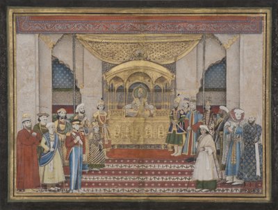1839 में दरबार में मुग़ल सम्राट बहादुर शाह द्वितीय (कागज़ पर अपारदर्शी wc और सोना) द्वारा इंडियन स्कूल