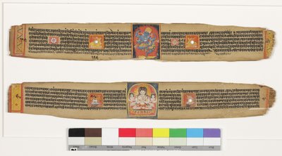 शीर्ष: नृत्य हेरुका; नीचे: बोधिसत्व सदाक्षरी अवलोकितेश्वर और उपस्थित, c.1150-1200 (ताड़ के पत्ते पर अपारदर्शी wc और स्याही) द्वारा इंडियन स्कूल