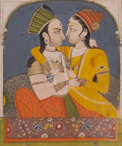 दो रानियों ने एक ड्रिंक साझा करते हुए, एक एलोवे में प्रेमी को गले लगाया, c.1780 (कागज पर अपारदर्शी wc और पेपर) द्वारा इंडियन स्कूल