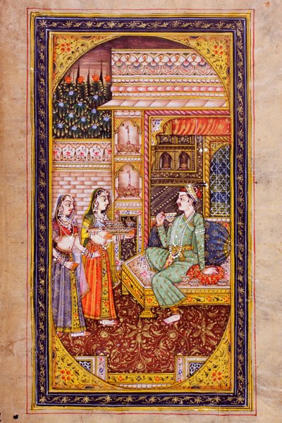 राजस्थानी लघु चित्रकला में दो नौकर लड़कियाँ एक रईस आदमी के कमरे में ताज़गी का काम करती हैं द्वारा इंडियन स्कूल
