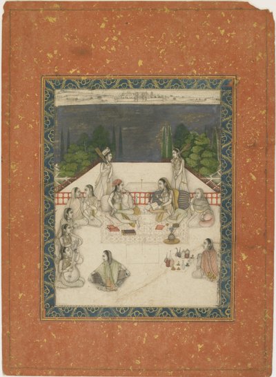 दो महिलाओं को एक छत पर बैठाया गया, जो कि परिचारकों और संगीतकारों से घिरी हुईं, c.1650 (कागज पर अपारदर्शी wc और सोना) द्वारा इंडियन स्कूल