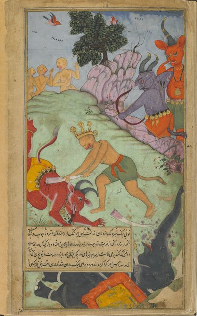 Vol.2 fol.227 अंगद ने देवताका को महोदरस हाथी (ओपेक जल रंग, कागज पर स्याही और सोना) से फाड़ा द्वारा इंडियन स्कूल