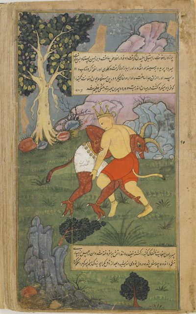 Vol.2 fol.242 हनुमान ने अपने सिर (कागज पर अपारदर्शी जल रंग, स्याही और सोने) को डुबो कर निकुंभ को निकाला द्वारा इंडियन स्कूल