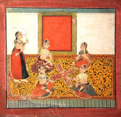 पारचेसी खेलने वाली महिलाएं, पीले रंग की पैटर्न वाली फर्श पर बैठी, c.1725 (कागज पर अपारदर्शी wc और सोना) द्वारा इंडियन स्कूल