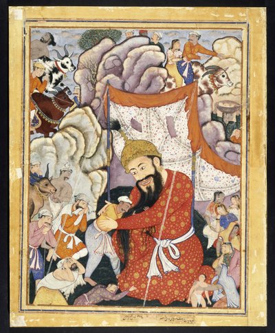 जुमुरूद शाह ने पहाड़ों में शरण ली, कै। 1570 (अपारदर्शी जल रंग और सूती कपड़े पर सोना) द्वारा इंडियन स्कूल