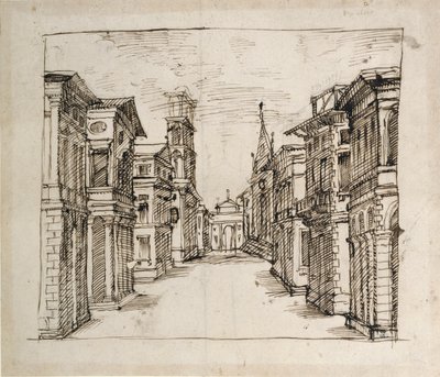 परिप्रेक्ष्य में एक सड़क, c.1617 (कागज पर कलम और स्याही) द्वारा Inigo जोन्स