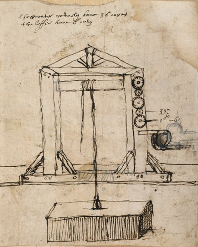 चरखी उठाने वाली चिनाई के लिए आरेख (कागज पर कलम और स्याही) द्वारा Inigo जोन्स