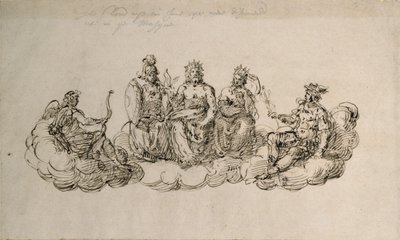 देवताओं के सीनेट के साथ जोव, c.1622 (कागज पर कलम और स्याही) द्वारा Inigo जोन्स