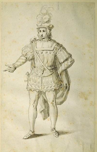 प्राचीन ब्रिटिश पोशाक में युवा, c.1611 (कागज पर कलम और स्याही) द्वारा Inigo जोन्स