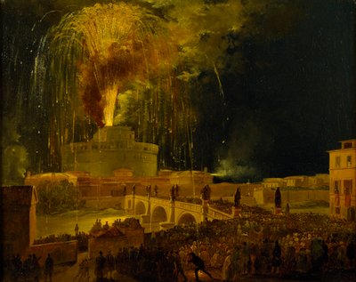 ला गिरांडोला: रोम में Castel Sant'Angelo में आतिशबाजी, 1830 का दशक। द्वारा इपोलिटो कैफिक