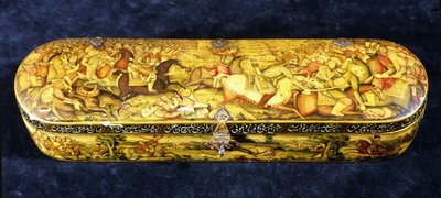 एक पैपीयर माचे पेन बॉक्स, शीर्ष जो चल्डिरन की लड़ाई के साथ चित्रित किया गया था द्वारा ईरानी स्कूल