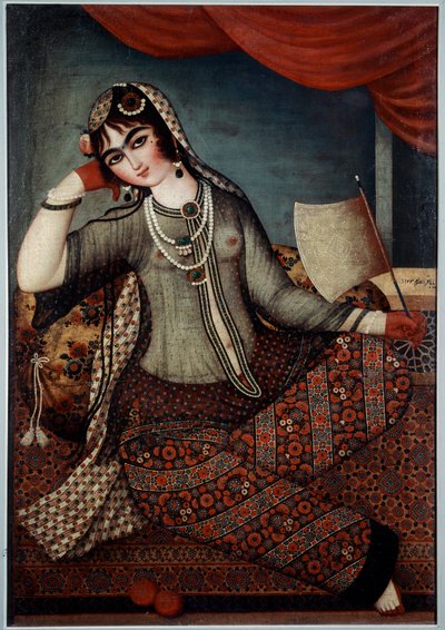 ईरानी कला: "" गर्ल एट द फैन "" शिराज स्कूल की पेंटिंग द्वारा Iranian School