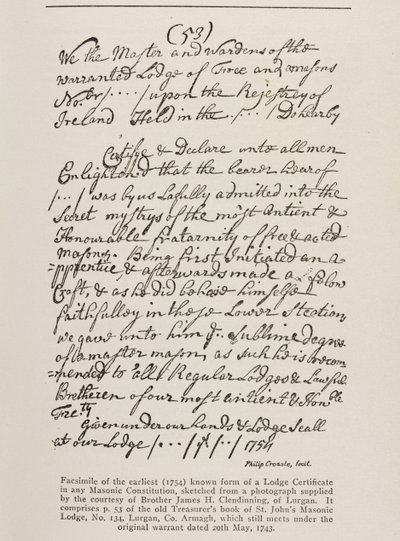 ग्रैंड लॉज, 1762 से सील के साथ सबसे पुराना ज्ञात प्रमाणपत्र (आयरिश) द्वारा आयरिश स्कूल