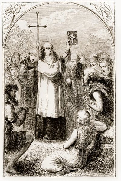 सेंट पैट्रिक (1829-99) द्वारा आयरलैंड के लोगों को आयरलैंड के चार गोस्पेल, या तीन वंडर-वर्किंग संन्यासी, सेंट कुसैक (1829-99) से दिखाते हुए सेंट पैट्रिक को दिखाया गया। द्वारा आयरिश स्कूल