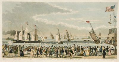 23 अप्रैल, 1838, सोमवार को न्यूयॉर्क से ग्रेट वेस्टर्न स्टीम शिप का आगमन। 1842 (हाथ के रंग का उत्कीर्णन) द्वारा आइजैक रॉबर्ट क्रूइशांक