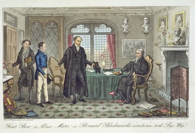 चार्ल्स मोलियट वेस्टमकोट (1788-1868) द्वारा लंदन, 1825 में प्रकाशित &39;द इंग्लिश स्पाई&39; से बिग विग के पहले अल्मा मेटर या बर्नार्ड ब्लैकमंटल से परिचय द्वारा आइजैक रॉबर्ट क्रूइशांक