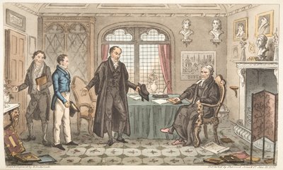 द इंग्लिश स्पाई से प्रकाशित लंदन, 1824 (हैंड कलर्ड एंग्रीविंग) से बिग विग के पहले अल्मा मेटर या बर्नार्ड ब्लैकमैंटल से पहले परिचय द्वारा आइजैक रॉबर्ट क्रूइशांक