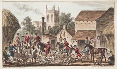 बाहर जाना; द इंग्लिश स्पाई द्वारा प्रकाशित बर्कले हंट केनेल का एक दृश्य, 1824 में प्रकाशित हुआ, (हाथ के रंग का उत्कीर्णन) द्वारा आइजैक रॉबर्ट क्रूइशांक