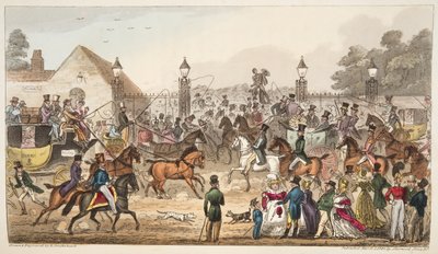 1824 में इंग्लिश स्पाई द्वारा प्रकाशित, (हैंड कलर्ड एनग्रेविंग), कॉकनी लैंड में द अराइवल या वेस्टर्न एंट्रेंस द्वारा आइजैक रॉबर्ट क्रूइशांक