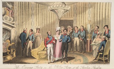 द इवनिंग पार्टी एट द पैवेलियन, ब्राइटन, द इंग्लिश स्पाई, पब। 1824 (हाथ के रंग का उत्कीर्णन) द्वारा आइजैक रॉबर्ट क्रूइशांक