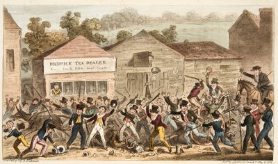 हैरो में चाय पॉट रो, या अंग्रेजी जासूस, पब से हॉग लेन की लड़ाई 1824 (हाथ के रंग का उत्कीर्णन) द्वारा आइजैक रॉबर्ट क्रूइशांक
