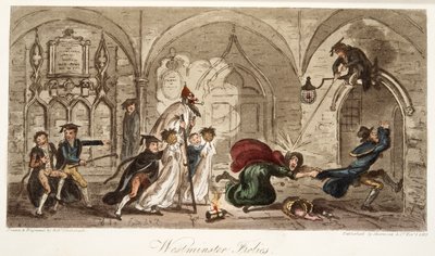 वेस्टमिंस्टर फ्रॉल्स, द इंग्लिश स्पाई, पब से। 1824 (हाथ के रंग का उत्कीर्णन) द्वारा आइजैक रॉबर्ट क्रूइशांक