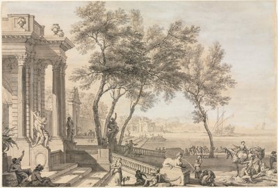 वास्तुकला और आंकड़े के साथ शानदार हार्बर दृश्य, 1713। द्वारा इसहाक डी मौचेरॉन