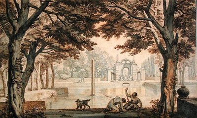 बगीचे में फ़व्वारे वाली झील (कागज पर कलम और स्याही और धुलाई) द्वारा इसहाक डी मौचेरॉन