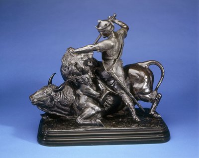 एक राजा ने एक बैल पर हमला करते हुए शेर को मार डाला, c.1874 (काले पेटिना कांस्य) द्वारा इसिदोर जुलेस बोन्हुर