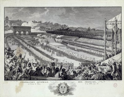 फ्रांसीसी क्रांति: 14/07/1791 को पेरिस में चैंप्स डी मार्स में जनरल फेडरेशन ऑफ फ्रेंच डिपार्टमेंट्स के भ्रूण का दृश्य। इसिडोर हेलमैन (१७४३-१८०९) १८वीं सदी के पेरिस, मुसी कार्नावलेट द्वारा चित्रण द्वारा इसिडोर स्टानिस्लास हेलमैन