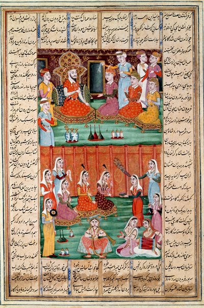 इस्लामी कला: "" यमन के राजा, सेरो की तीन बेटियों की शादी"" महाकाव्य कविता "" शाहनामा"" (शाहनामा, शाहनामा) (राजाओं की पुस्तक) की एक पांडुलिपि से फ़ारसी लघुचित्र फ़िरदौसी (फ़िरदौसी, या फ़िरदौसी) द्वारा , या फिरदौसी, ca द्वारा इस्लामी स्कूल
