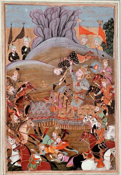 इस्लामी कला: "" रुस्तम की अफरासियाब के खिलाफ पहली लड़ाई"" महाकाव्य कविता "" शाहनामा """ (शाहनामा, शाहनामा) (राजाओं की पुस्तक) की एक पांडुलिपि से फ़ारसी लघुचित्र, फिरदौसी (फिरदौसी, या फिरदौसी, या फिरदौसी, सीए) द् द्वारा इस्लामी स्कूल