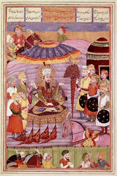 इस्लामी कला: "" सोहराब (सहाराब) रोस्तमे के तम्बू को देखता है""" महाकाव्य कविता "" शाहनामा"" (शाहनामा, शाहनामा) (राजाओं की पुस्तक) की एक पांडुलिपि से फ़ारसी लघुचित्र फ़िरदौसी (फिरदौसी, या फिरदौसी) द्वारा , या फिर द्वारा इस्लामी स्कूल