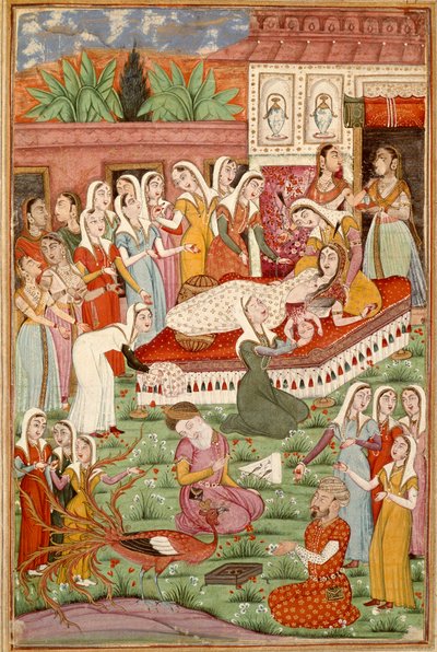 इस्लामिक कला: "" द बर्थ बाय सीजेरियन ऑफ रुस्तम""" फारसी लघु महाकाव्य कविता "" शाहनामा"" (शाहनामा, शाहनामा) (राजाओं की पुस्तक) की एक पांडुलिपि से फिरदौसी (फिरदौसी, या फिरदौसी, या फिरदौसी, सीए 940-लगभग 1020) (एमएस द्वारा इस्लामी स्कूल
