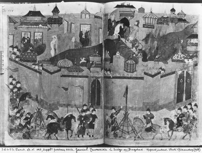 सुश्री सप्ल पर्सन 1113 f.180-181 मंगोलों ने हुड़गू खान के नेतृत्व में और 1258 में बगदाद पर कब्जा कर लिया, रशीद अल-दीन द्वारा &39;जमी अल-तवारीख&39; से, c.1310 द्वारा इस्लामी स्कूल